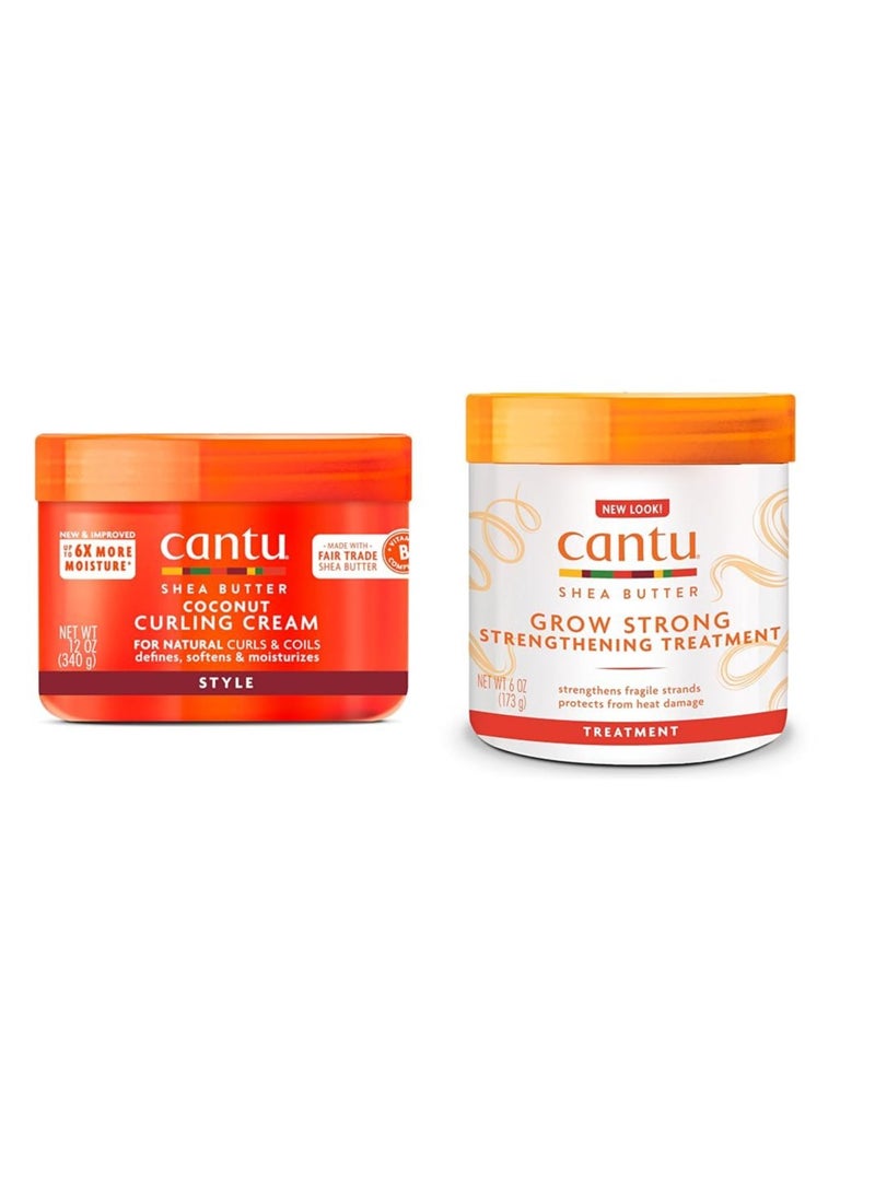 Cantu Coconut Curling Cream 12 oz & Grow Strong Strengthening Treatment 6 oz Bundle 6 Fluid Ounces, 12 Fluid Ounces