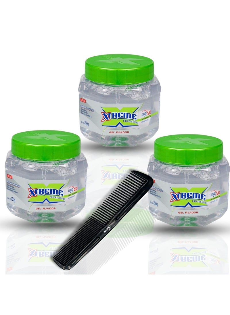 Xtreme Hair Gel Clear 8.8oz Pack of 3 with Comb - Extreme Hold Wetline Xtreme Styling Gel for Hair, Premium Clear Gel Tub