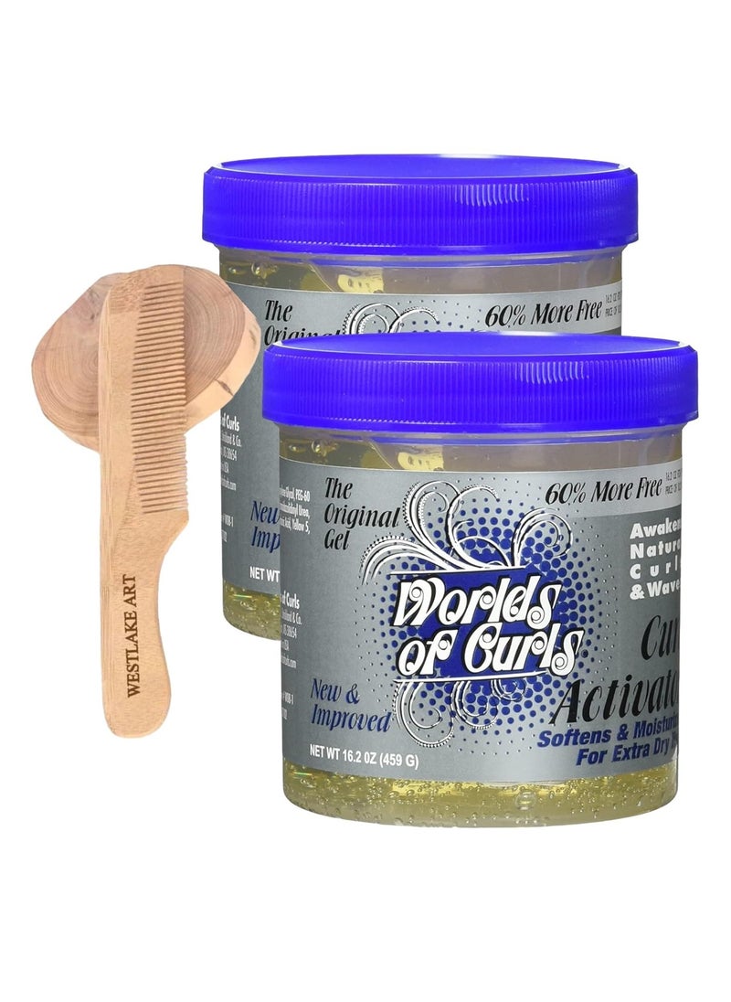 Worlds Of Curls Activator Hair Gel For Curly Hair, 16.2 Oz | Bundled With Wooden Comb-Moisturizing For Dry Hair, Dramatic Definition For Curl Types, No Crunch Or Residue (Pack Of 2)