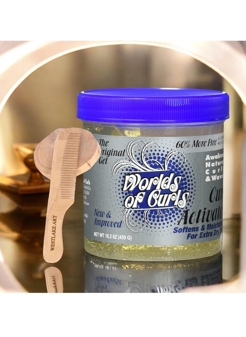 Worlds Of Curls Activator Hair Gel For Curly Hair, 16.2 Oz | Bundled With Wooden Comb-Moisturizing For Dry Hair, Dramatic Definition For Curl Types, No Crunch Or Residue (Pack Of 2)