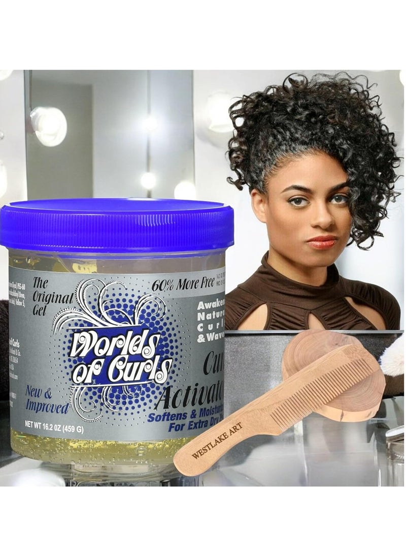 Worlds Of Curls Activator Hair Gel For Curly Hair, 16.2 Oz | Bundled With Wooden Comb-Moisturizing For Dry Hair, Dramatic Definition For Curl Types, No Crunch Or Residue (Pack Of 2)