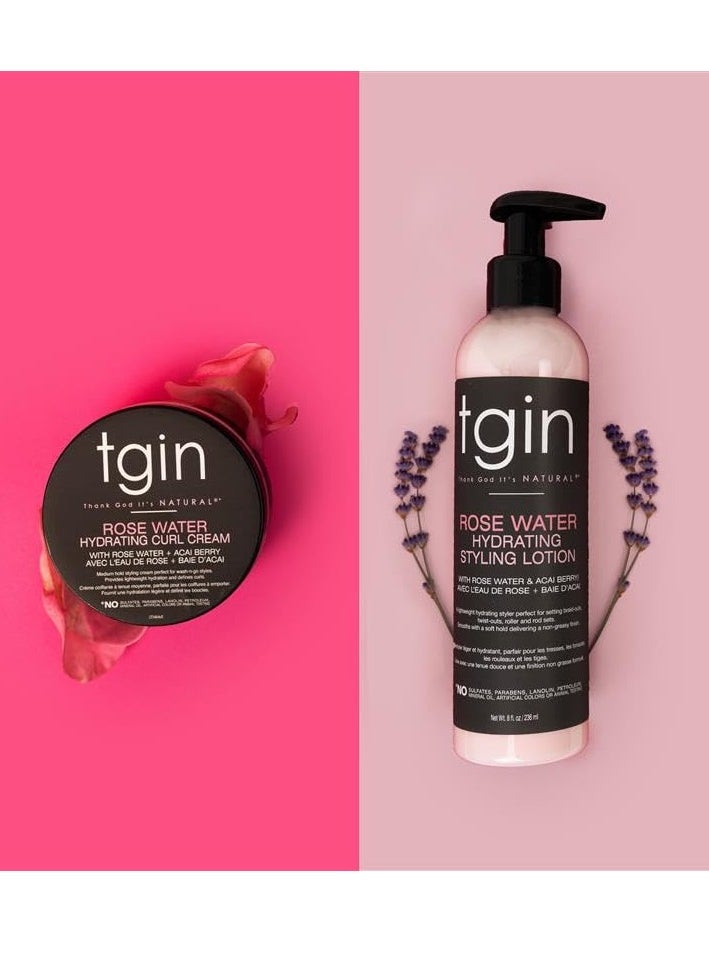 tgin Rose Water Hydrating Curl Cream 12 oz & tgin Rose Water Hydrating Styling Lotion 8 oz, for Curly, Coily and Wavy Hair, (Set)