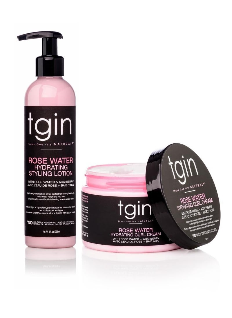 tgin Rose Water Hydrating Curl Cream 12 oz & tgin Rose Water Hydrating Styling Lotion 8 oz, for Curly, Coily and Wavy Hair, (Set)