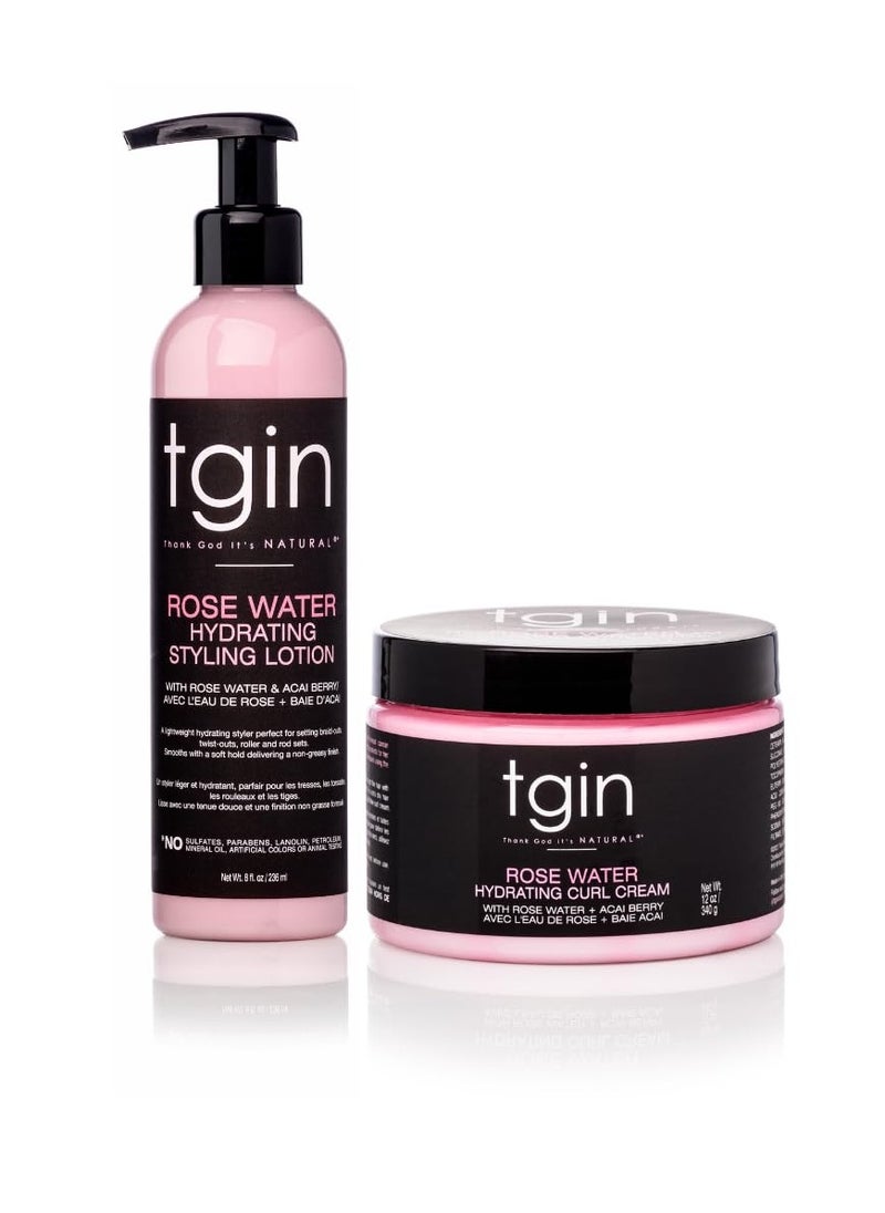 tgin Rose Water Hydrating Curl Cream 12 oz & tgin Rose Water Hydrating Styling Lotion 8 oz, for Curly, Coily and Wavy Hair, (Set)