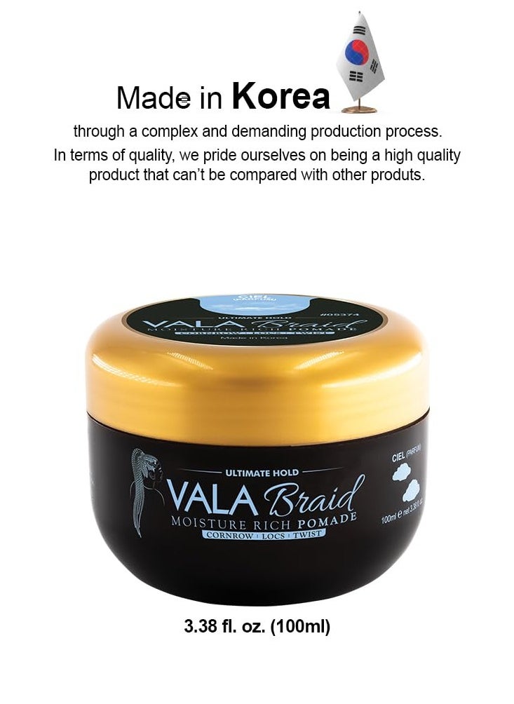 Beauty Town VALA Braid Ultimate Braider & Loctician Pomade Styling Gel – Extreme Hold, High Shine & Control for ALL HAIR TYPES (100ml 3.38 fl oz - Ciel)