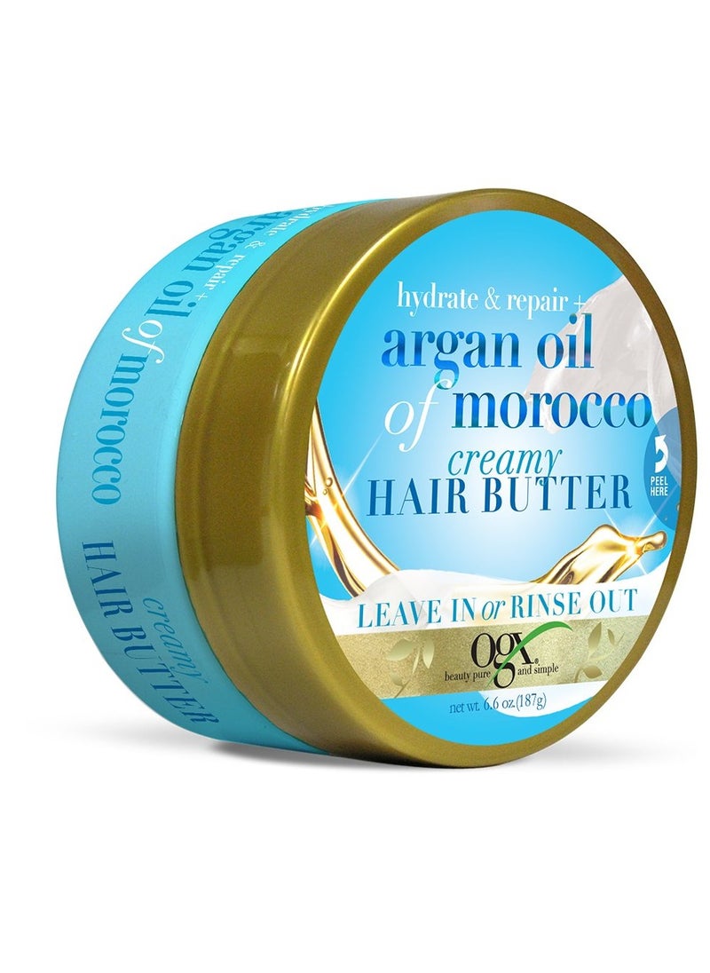 OGX Hydrate & Repair + Argan Oil of Morocco Creamy Hair Butter, Deep Moisturizing Leave-In or Rinse Treatment for Dry Hair, Paraben-Free, Sulfated-Surfactant Free, 6.6 oz