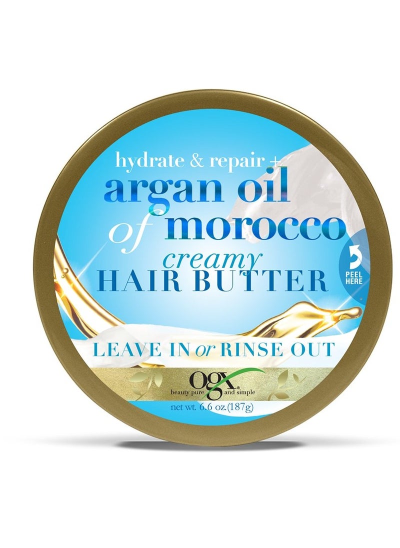 OGX Hydrate & Repair + Argan Oil of Morocco Creamy Hair Butter, Deep Moisturizing Leave-In or Rinse Treatment for Dry Hair, Paraben-Free, Sulfated-Surfactant Free, 6.6 oz