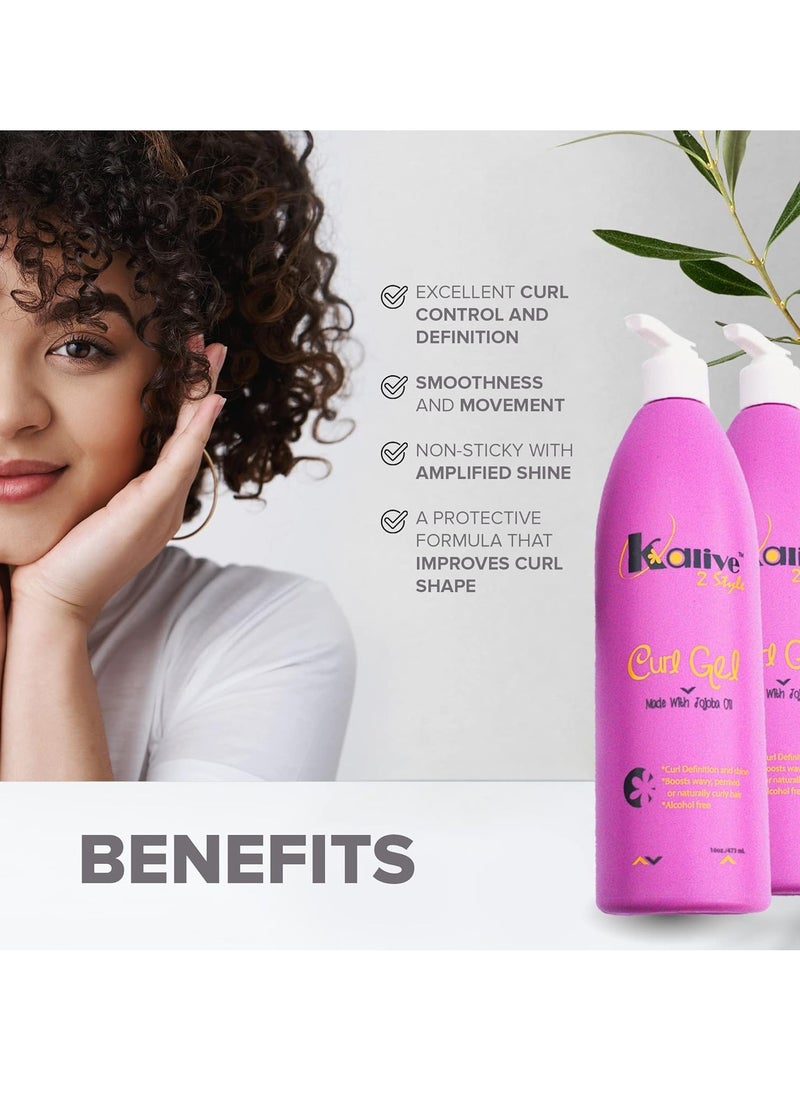 KALIVE Curl Gel, 2 Pack (16 oz each), For Curly Hair, Defines Curls, Waves and Hair Textures, Natural or Permed, Hair Care Product for Women