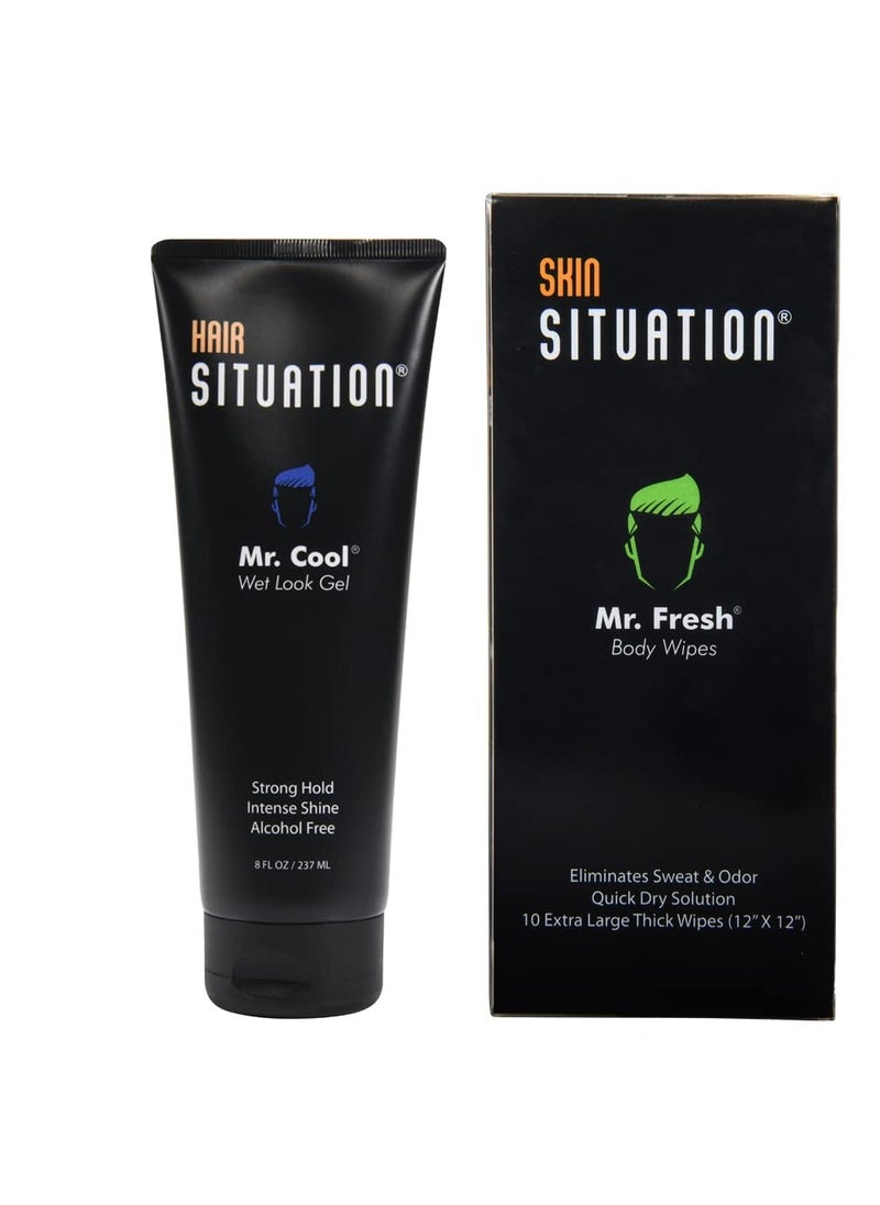 Mr. Cool Wet Look Strong Hold Hair Gel and Mr. Fresh Body Wipe