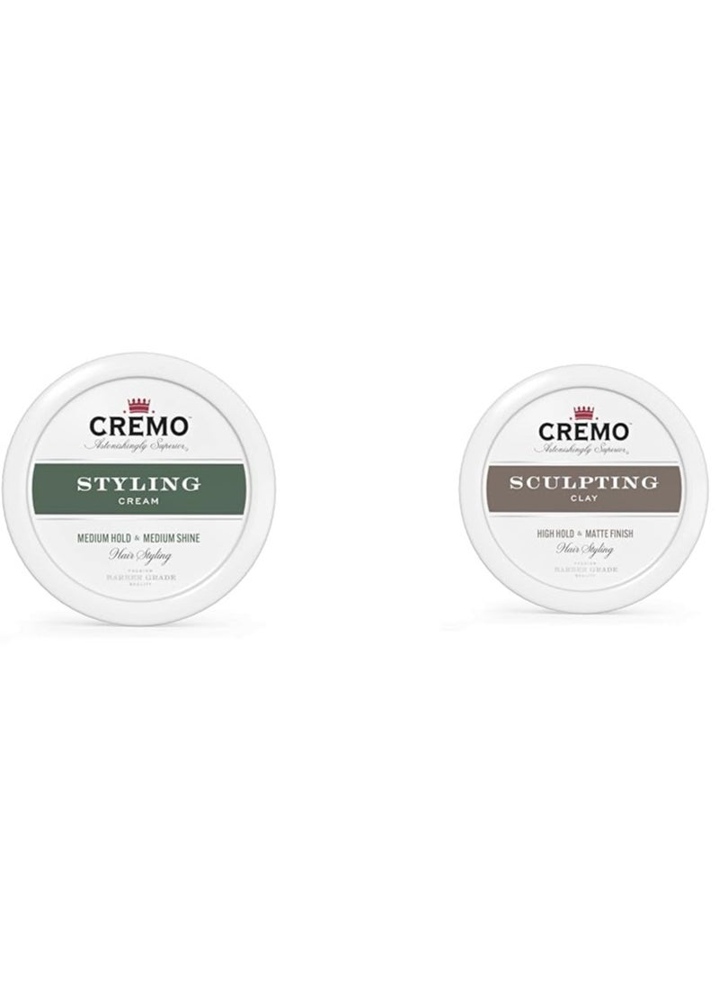 Cremo Premium Barber Grade Hair Styling Cream, Medium Hold, Medium Shine, 4 Oz & Premium Barber Grade Hair Styling Sculpting Clay, High Hold, Matte Finish, 4 Oz