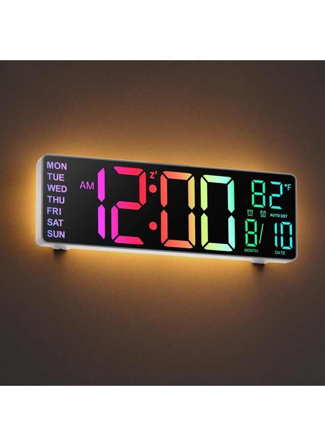 10.5'' Large Digital Wall Clock With Remote Control, Dual Alarm With Big Led Screen Dispaly, 8 Rgb Colors, Auto Dst, Temperature For Living Room, Bedroom, Gift For Elderly (White, 10.5 Inches)