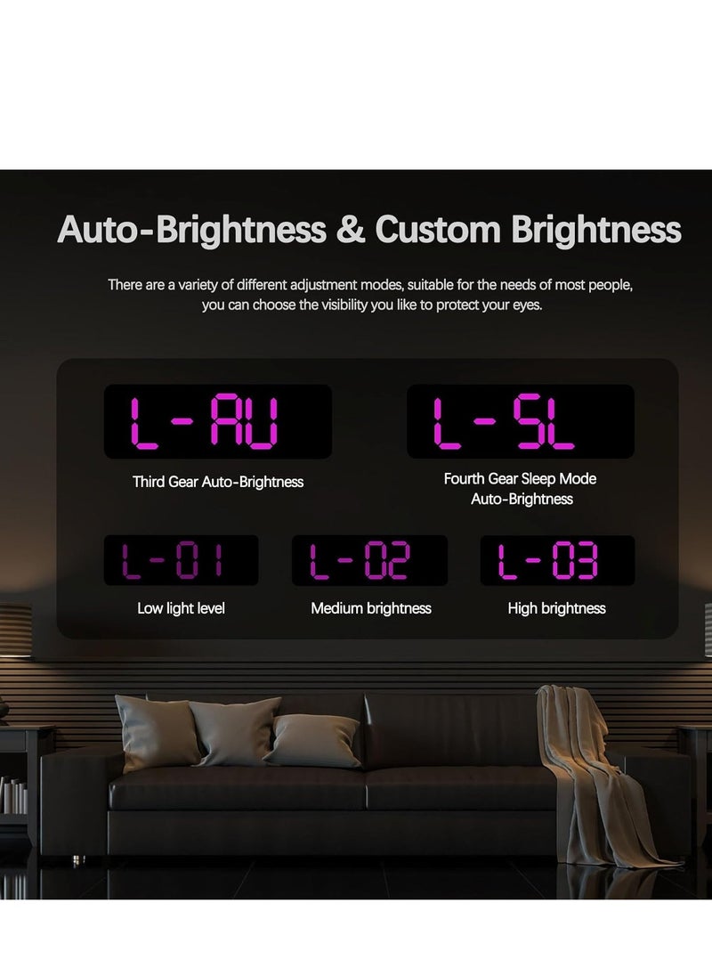 Digital Led Wall Alarm Digital Clock Purple Number Time Clock with Automatic Brightness Adjustable, 12/24 Hr Time/Date Temperature Display, DST/Auto-Dimming/Humidity/Snooze, Electric Nightlight Alarm Clock for Modern Home Decoration