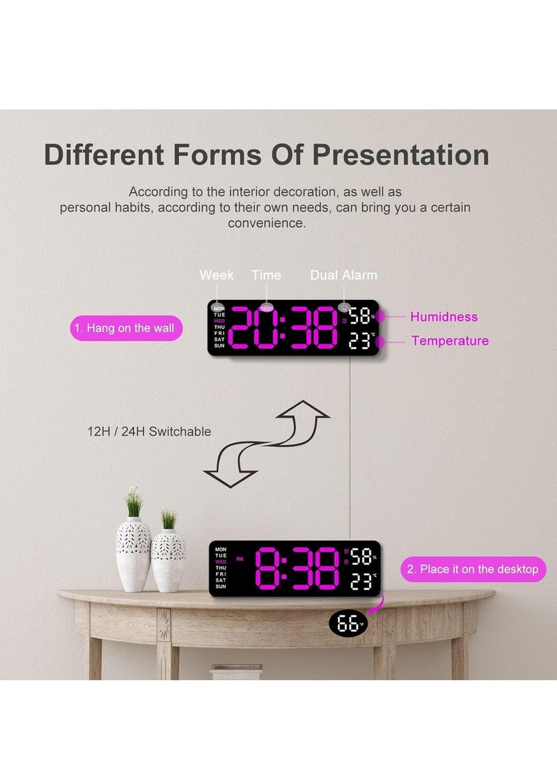 Digital Led Wall Alarm Digital Clock Purple Number Time Clock with Automatic Brightness Adjustable, 12/24 Hr Time/Date Temperature Display, DST/Auto-Dimming/Humidity/Snooze, Electric Nightlight Alarm Clock for Modern Home Decoration