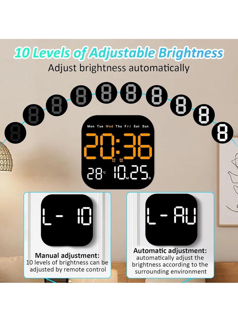 LED Digital Wall Clock, 10.5” with Alarm, Remote Control, Date & Temperature Display, 10-Level Brightness & Auto Dimming for Living Room, Office, Gym