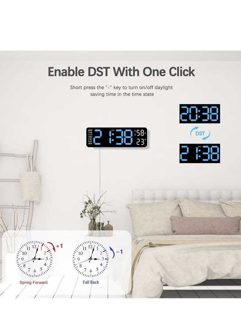 Digital Led Wall Alarm Digital Clock Blue Number Time Clock with Automatic Brightness Adjustable, 12/24 Hr Time/Date Temperature Display, DST/Auto-Dimming/Humidity/Snooze, Electric Nightlight Alarm Clock for Modern Home Decoration