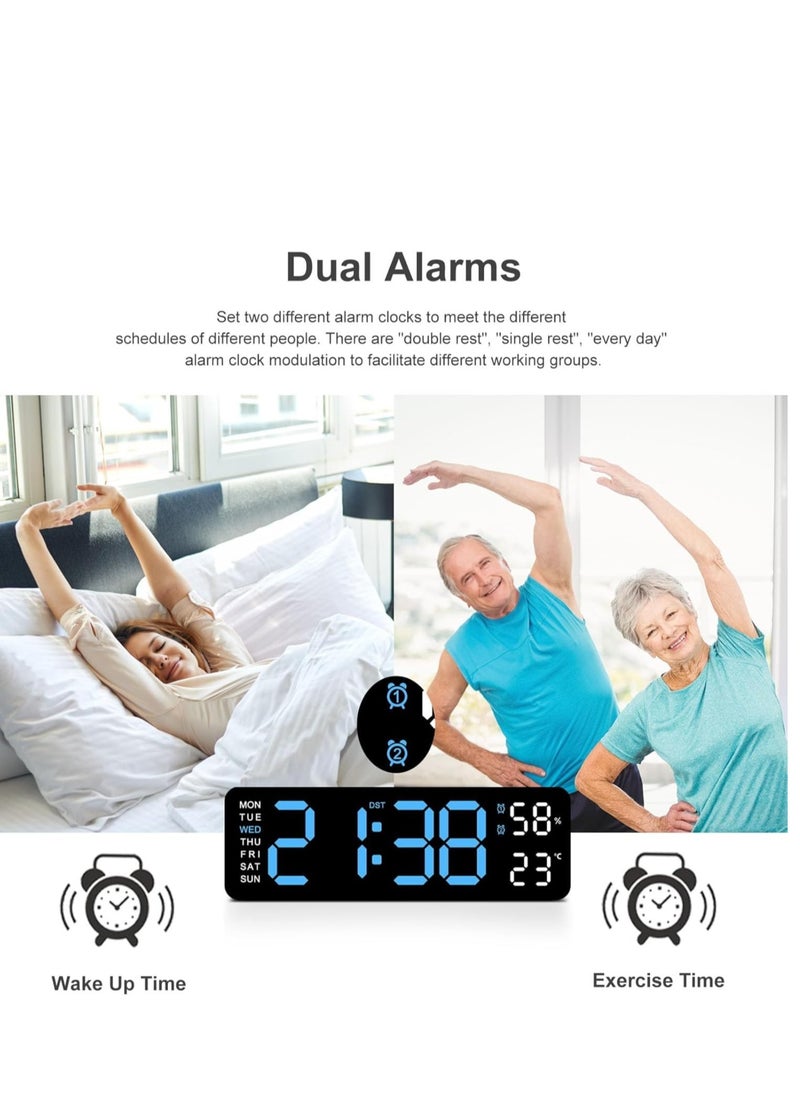 Digital Led Wall Alarm Digital Clock Blue Number Time Clock with Automatic Brightness Adjustable, 12/24 Hr Time/Date Temperature Display, DST/Auto-Dimming/Humidity/Snooze, Electric Nightlight Alarm Clock for Modern Home Decoration