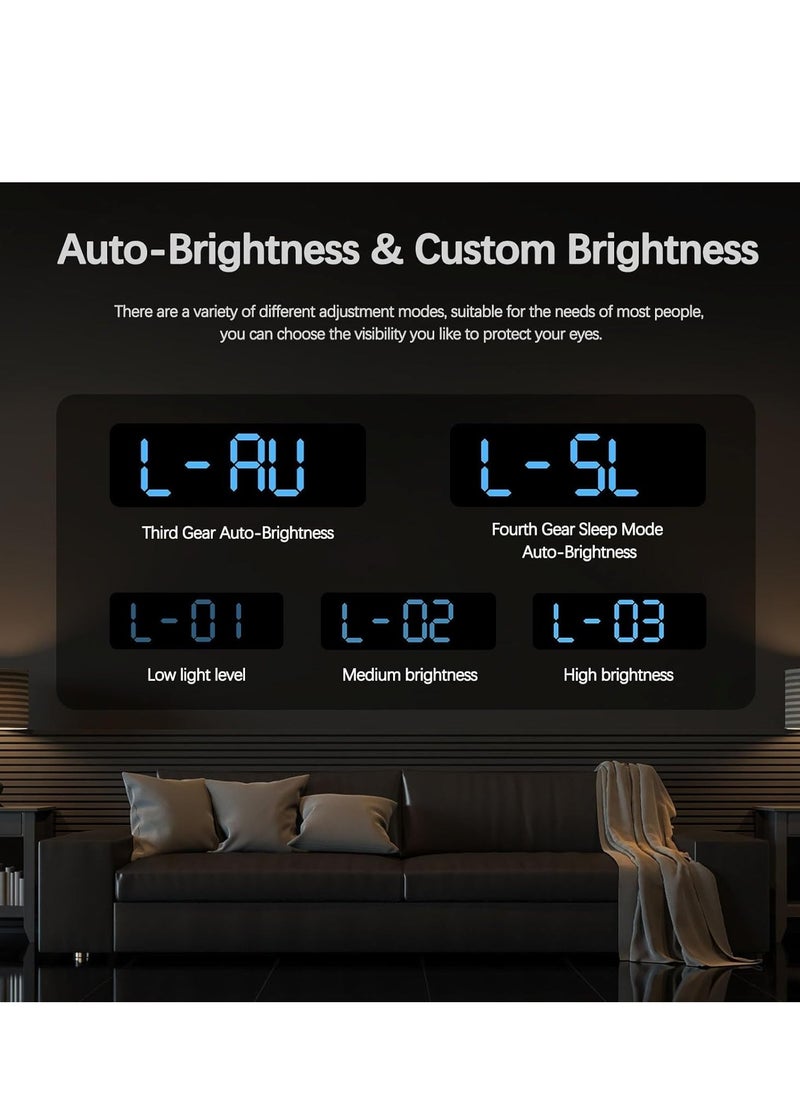 Digital Led Wall Alarm Digital Clock Blue Number Time Clock with Automatic Brightness Adjustable, 12/24 Hr Time/Date Temperature Display, DST/Auto-Dimming/Humidity/Snooze, Electric Nightlight Alarm Clock for Modern Home Decoration