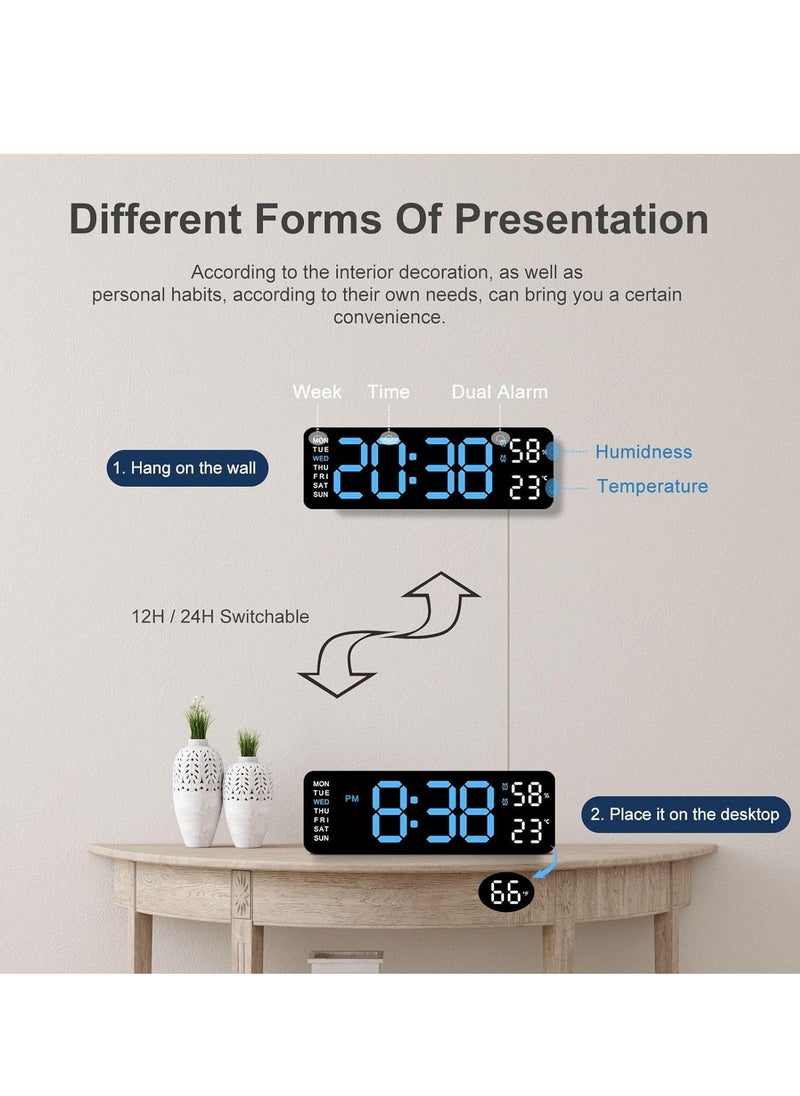 Digital Led Wall Alarm Digital Clock Blue Number Time Clock with Automatic Brightness Adjustable, 12/24 Hr Time/Date Temperature Display, DST/Auto-Dimming/Humidity/Snooze, Electric Nightlight Alarm Clock for Modern Home Decoration