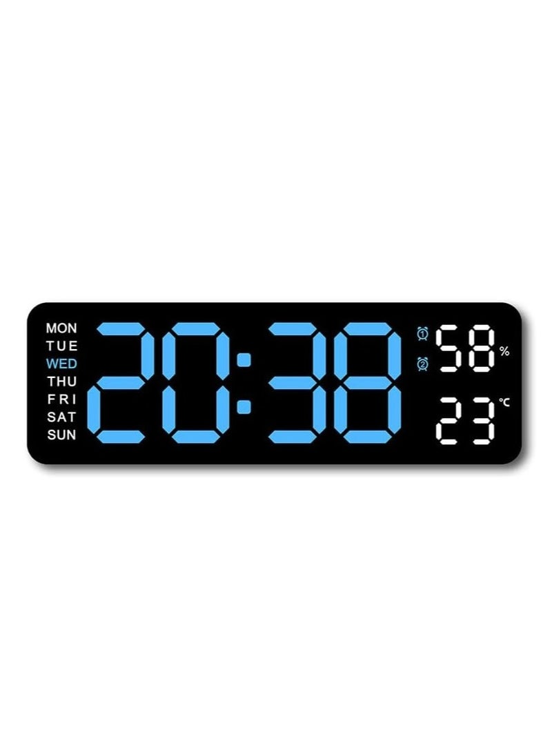 Digital Led Wall Alarm Digital Clock Blue Number Time Clock with Automatic Brightness Adjustable, 12/24 Hr Time/Date Temperature Display, DST/Auto-Dimming/Humidity/Snooze, Electric Nightlight Alarm Clock for Modern Home Decoration