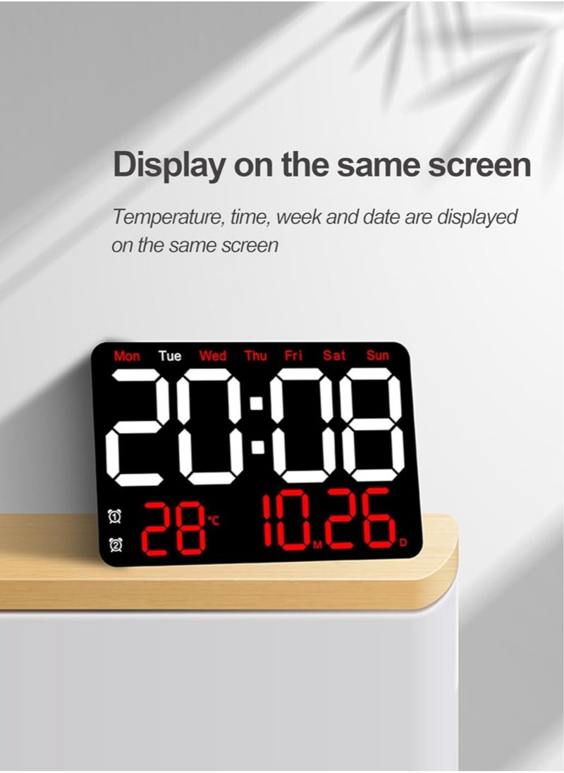 13 Inch Digital Wall Clock Large Display, Wall Led Alarm with Big Digits, 3 brightness levels, Time/Date, Temperature Display, Dual Alarm Clock for Living Room and Modern Home Decoration