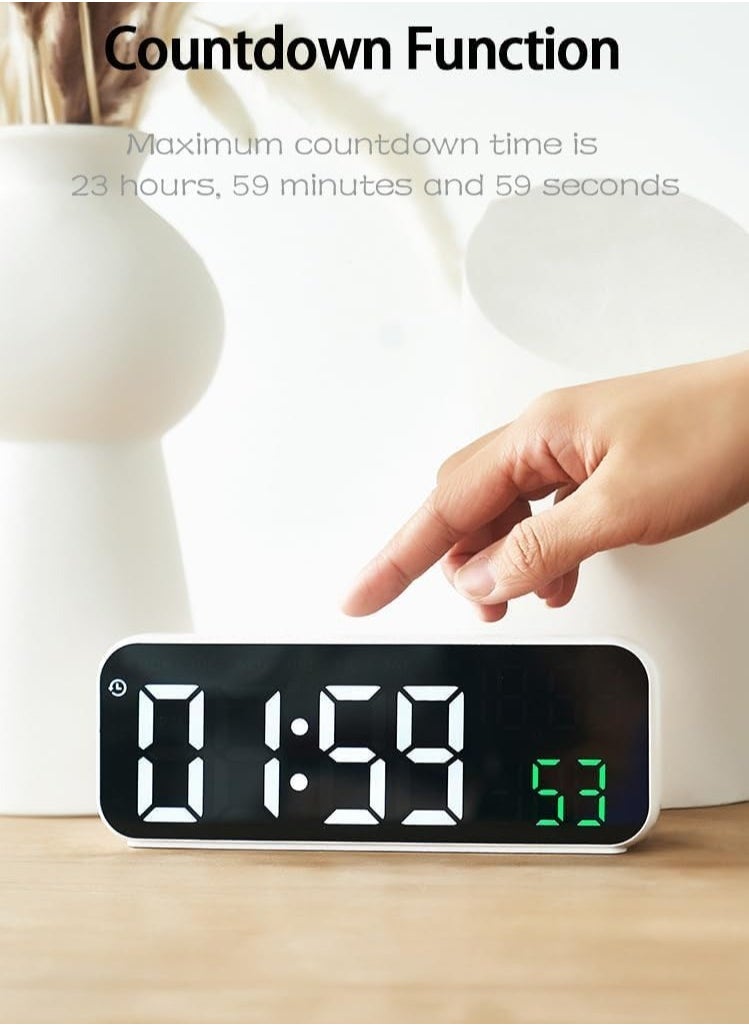 Digital Wall Clock with Date, Week, Temperature Display, Dual Alarm, Power saving, up to 3 level brightness adjustment, Voice activation, Volume Adjustable & count down Function with USB Charging Port, Dimming & Snooze for Kids Elderly for Living Room Decor