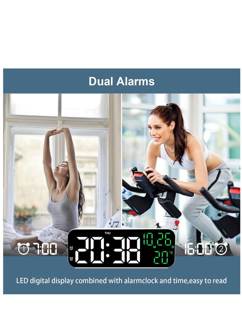 Digital Wall Clock with Date, Week, Temperature Display, Dual Alarm, Power saving, up to 3 level brightness adjustment, Voice activation, Volume Adjustable & count down Function with USB Charging Port, Dimming & Snooze for Kids Elderly for Living Room Decor