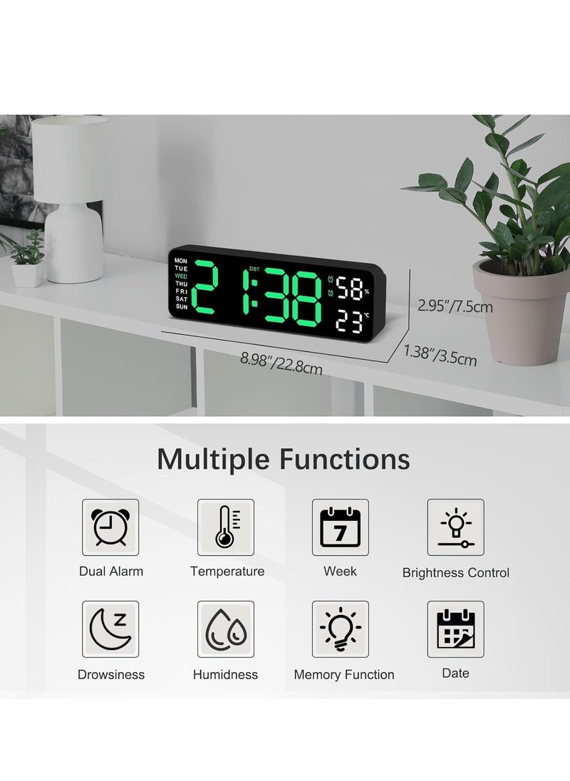 Digital Led Wall Alarm Digital Clock Green Number Time Clock with Automatic Brightness Adjustable, 12/24 Hr Time/Date Temperature Display, DST/Auto-Dimming/Humidity/Snooze, Electric Nightlight Alarm Clock for Modern Home Decoration