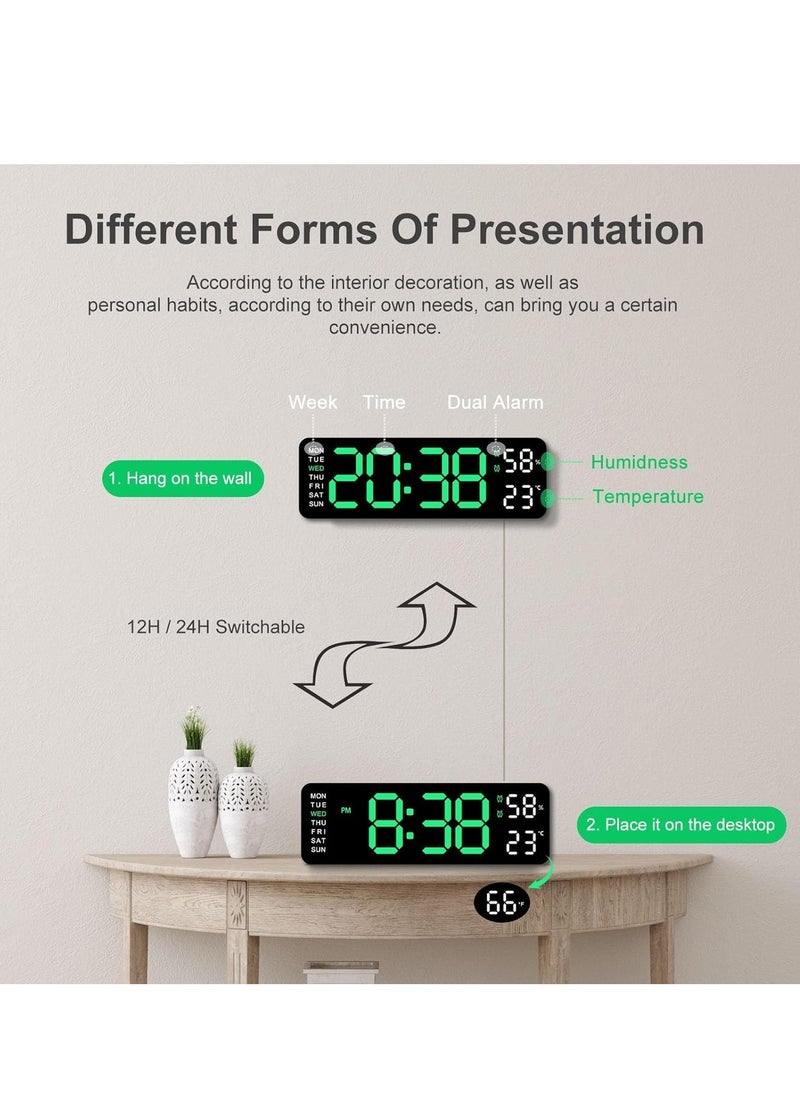 Digital Led Wall Alarm Digital Clock Green Number Time Clock with Automatic Brightness Adjustable, 12/24 Hr Time/Date Temperature Display, DST/Auto-Dimming/Humidity/Snooze, Electric Nightlight Alarm Clock for Modern Home Decoration