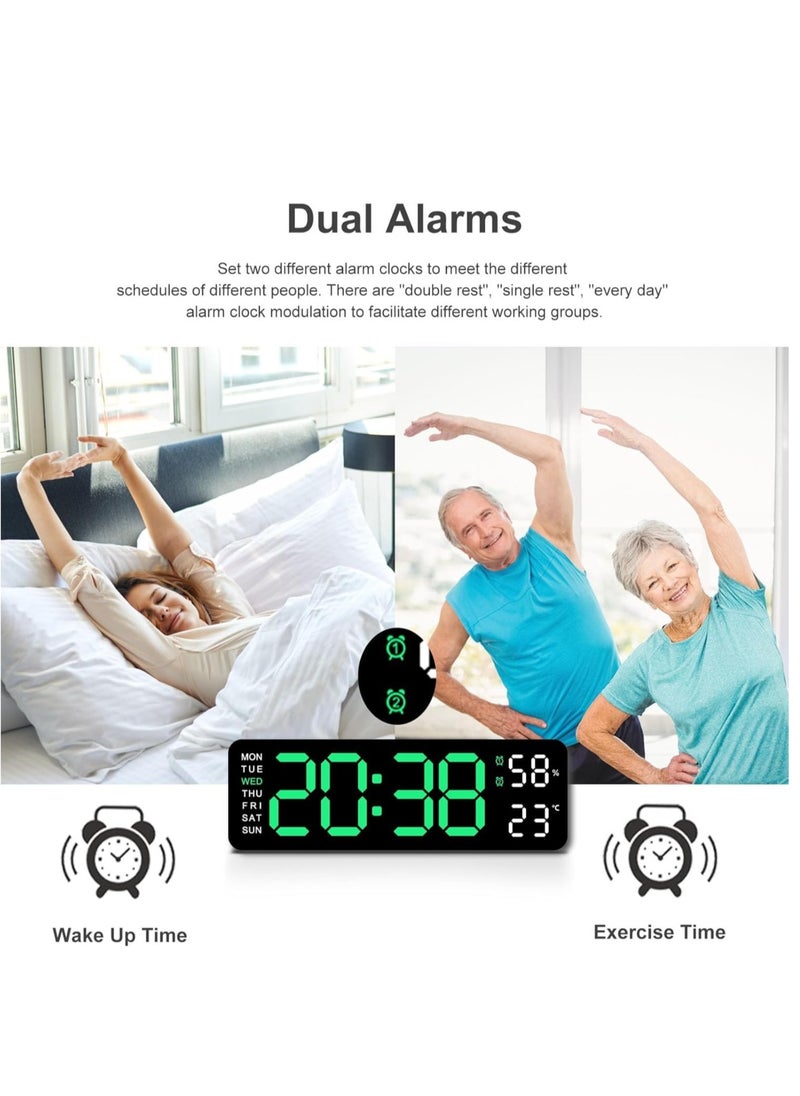 Digital Led Wall Alarm Digital Clock Green Number Time Clock with Automatic Brightness Adjustable, 12/24 Hr Time/Date Temperature Display, DST/Auto-Dimming/Humidity/Snooze, Electric Nightlight Alarm Clock for Modern Home Decoration