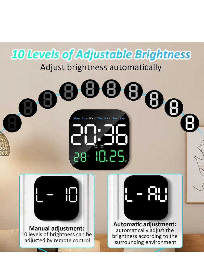 LED Digital Wall Clock, 10.5” with Alarm, Remote Control, Date & Temperature Display, 10-Level Brightness & Auto Dimming for Living Room, Office, Gym