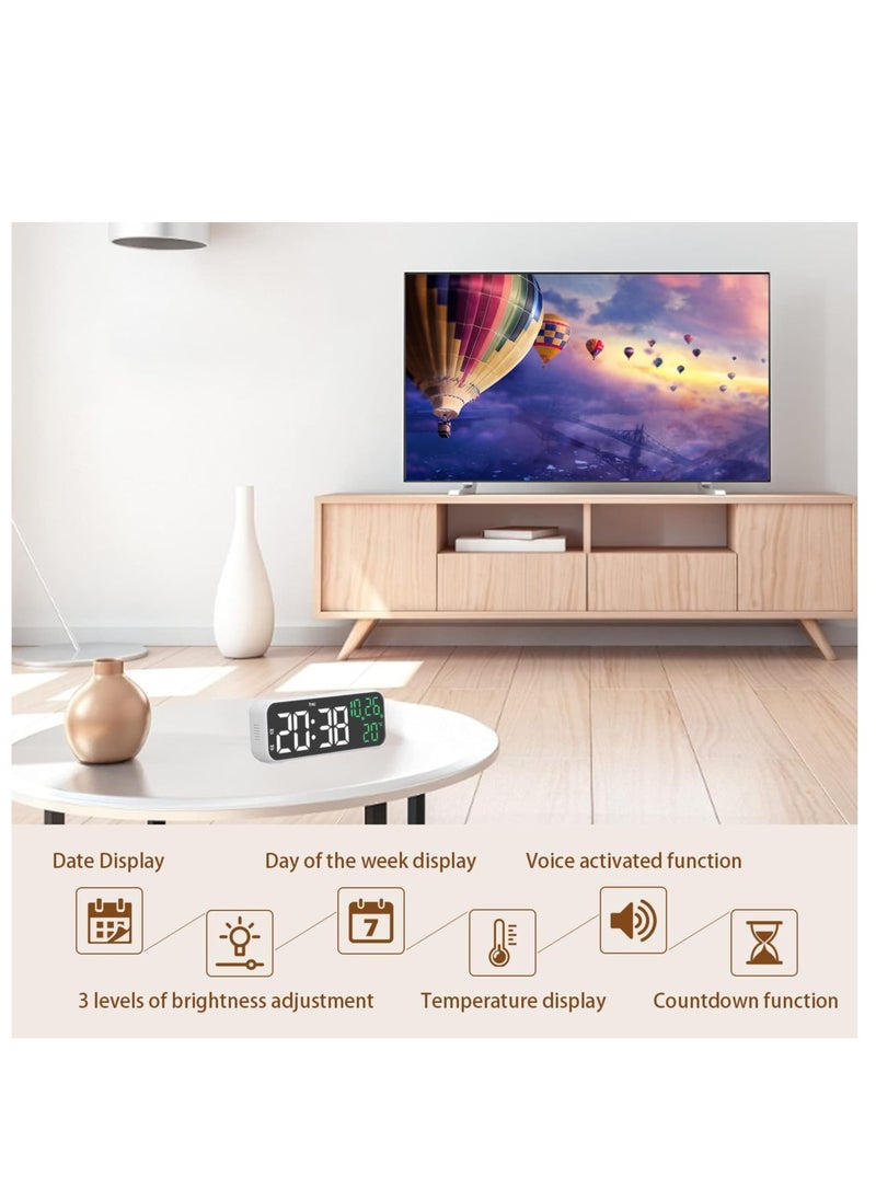 Digital Wall Clock with Date, Week, Temperature Display, Dual Alarm, Power saving, up to 3 level brightness adjustment, Voice activation, Volume Adjustable & count down Function with USB Charging Port, Dimming & Snooze for Kids Elderly for Living Room Decor