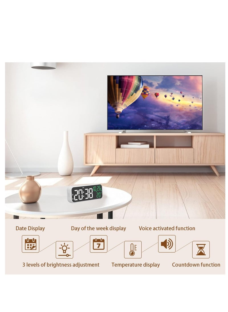 Digital Wall Clock with Date, Week, Temperature Display, Dual Alarm, Power saving, up to 3 level brightness adjustment, Voice activation, Volume Adjustable & count down Function with USB Charging Port, Dimming & Snooze for Kids Elderly for Living Room Decor