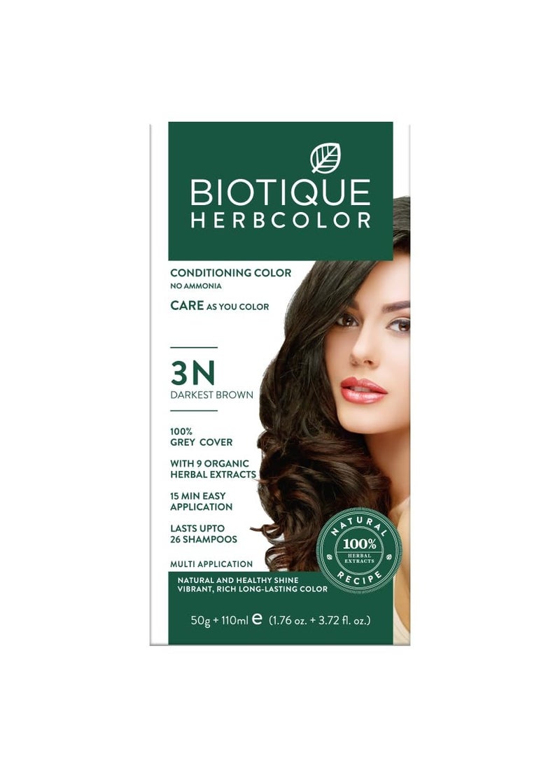 Biotique Herbcolor Conditioning Hair Colour l Ammonia Free Hair Color l 9 Organic Herbal Extracts l Natural and Healthy Shine l 50g + 110ml| Darkest Brown 3N (Pack of 1)