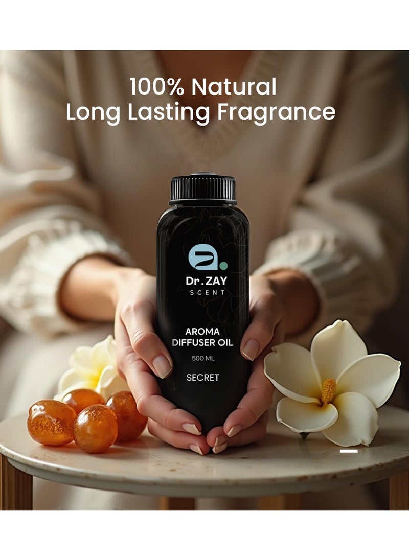 Dr Zay Scent Diffuser Aroma - SECRET (500ML) | Notes of Vanilla, Praline, Amber, Magnolia | Perfect for Home, Hotels, Offices & SPA | Made in the UK