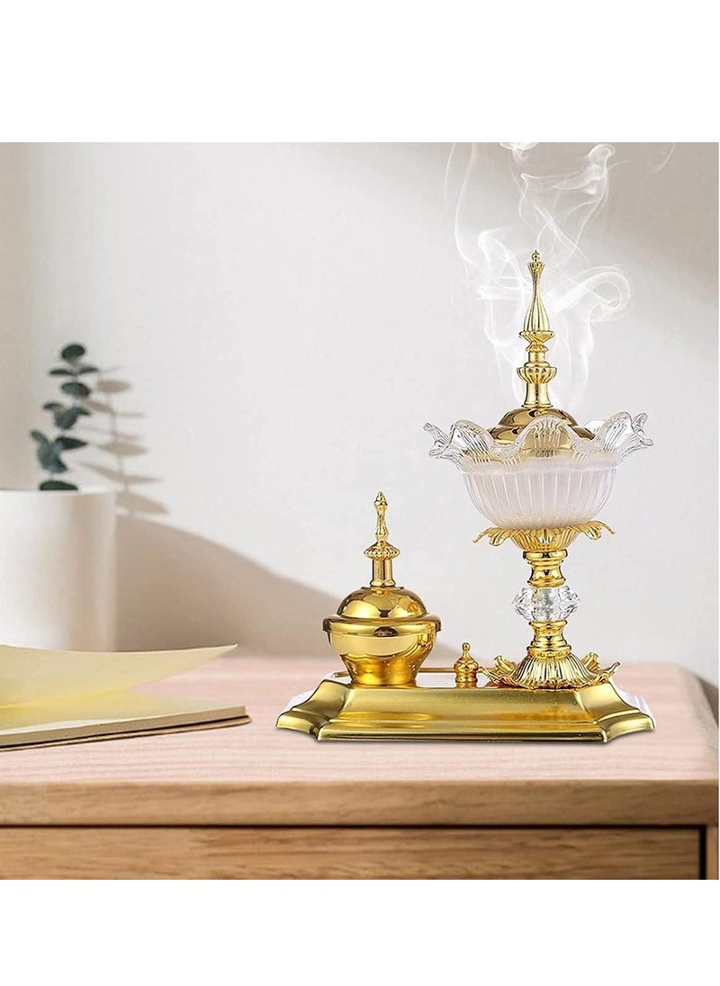Bakhoor Charcoal Incense Burner Set In gold with tray, With Round Shape Mabkhara Suitable Study, Bedroom, Yoga Room, Office Holder Desktop Censer Decor