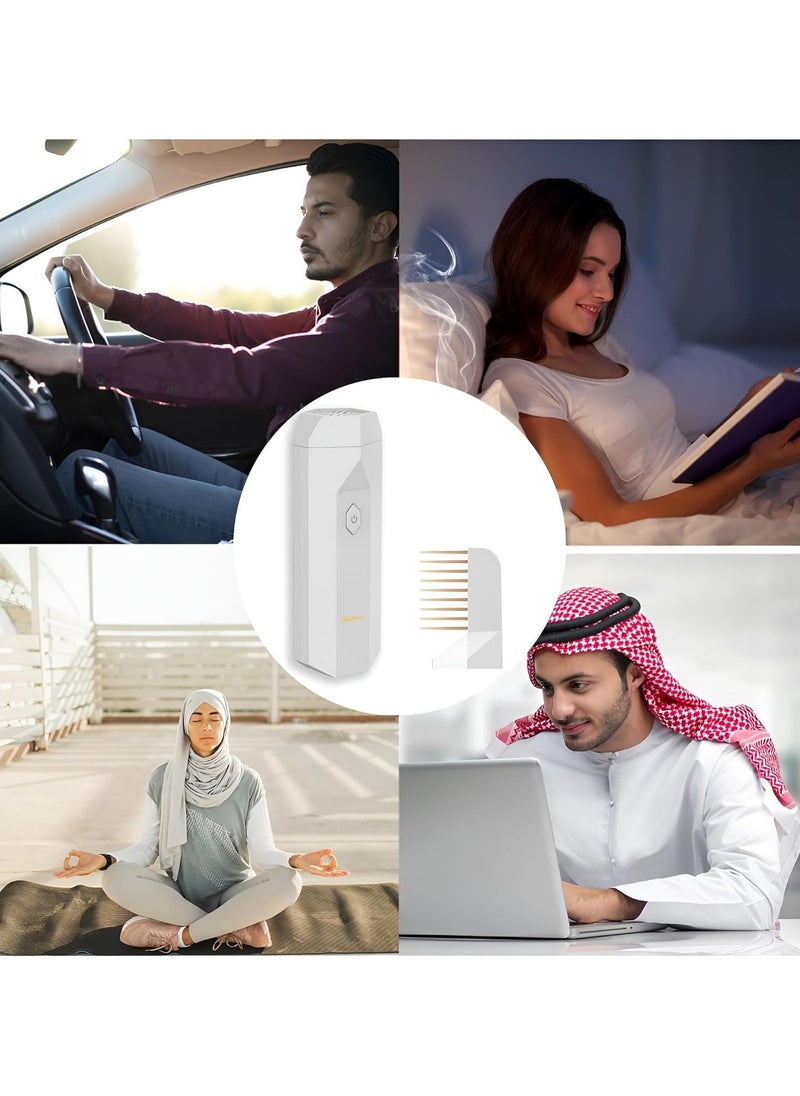 Arabian Electronic Incense Burner 2 in 1, Usb Rechargeable Hair Comb Electric Bakhoor for Home, Incense Burner Aromatherapy Machine Muslim Ramadan Aroma Diffuser (White)