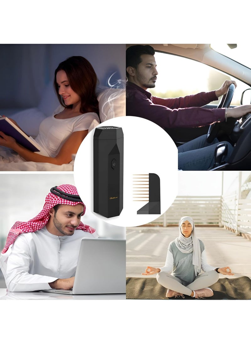 Arabian Electronic Incense Burner 2 in 1, Usb Rechargeable Hair Comb Electric Bakhoor for Home, Incense Burner Aromatherapy Machine Muslim Ramadan Aroma Diffuser (Black)