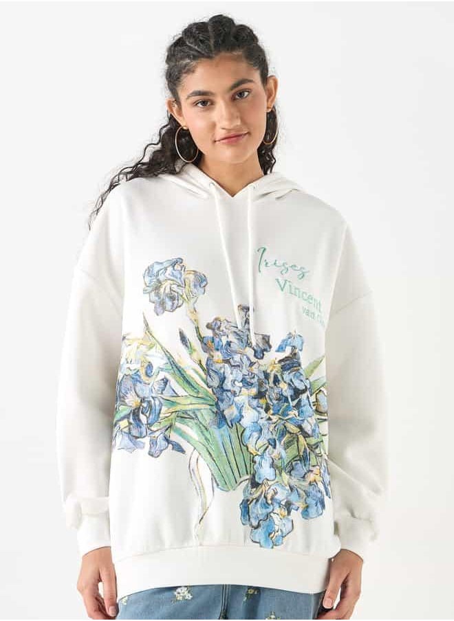 Floral Print Oversized Hooded Sweatshirt with Long Sleeves