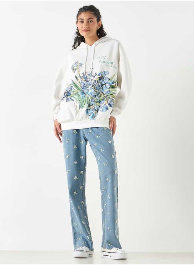 Floral Print Oversized Hooded Sweatshirt with Long Sleeves