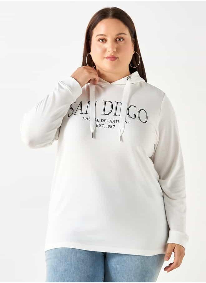 Plus Size Ulla Popken Typographic Print Sweatshirt with Drawstring Closure