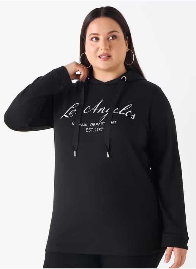 Plus Size Ulla Popken Typographic Print Sweatshirt with Drawstring Closure