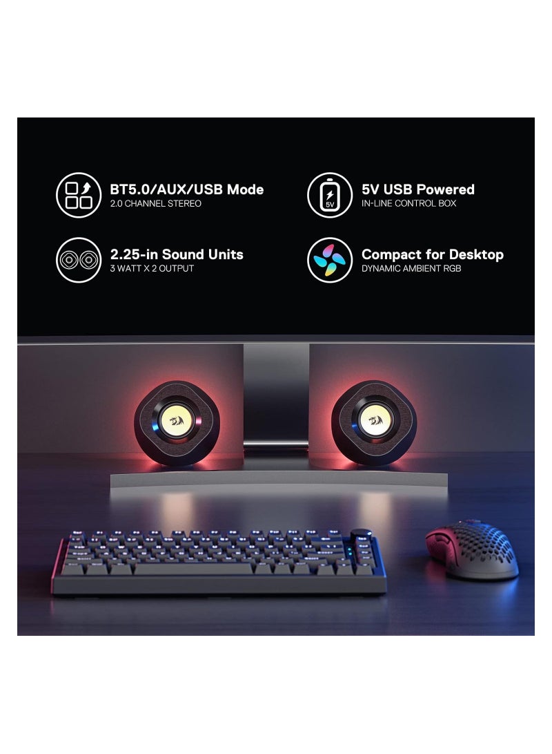 GS590 Wireless RGB Desktop Speakers, 2.0 Channel PC Stereo Speakers with BT 5.0/USB AUX Port, Enhanced Sound and Inline Control, Rhythmic Sync Backlight