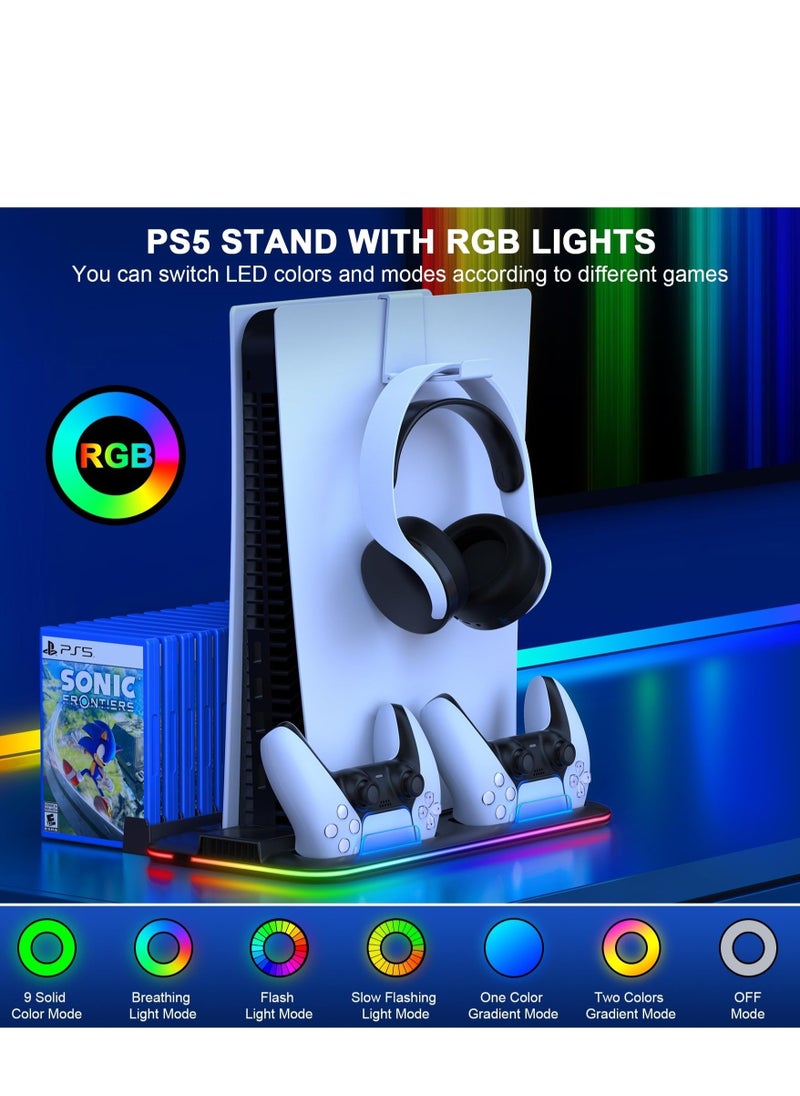 PS5 Slim Stand and Turbo Cooling Station with Controller Charging Station for Playsation 5, PS5 Accessories Incl. 3 Levels Cooling Fan, RGB Light, Headset Holder for PS5 Digital/Disc