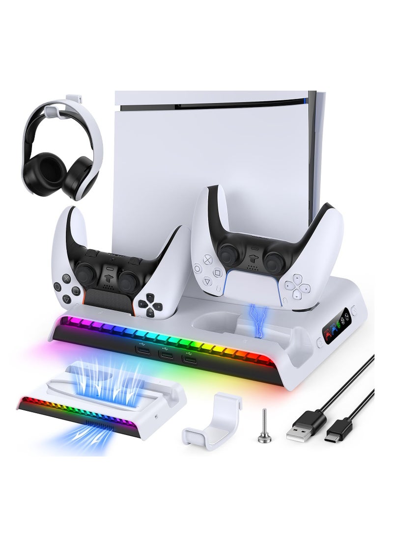 PS5 Slim Cooling Stand with Controller Charging Station for PS5 Slim Console (Digital/Disc) PS5 Slim Accessories Incl 9 RGB Lights & Headset Hook, 3-Level Silent Fan, 3 USB Port