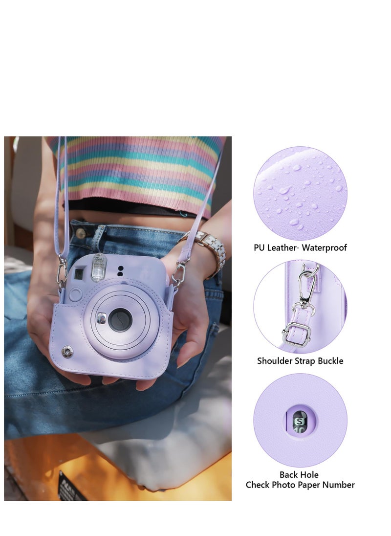 Case for Fujifilm Fuji Instax Mini 12/Polaroid Mini 12 Instant Camera - PU Leather Protective Case Cover Bag with Adjustable Shoulder Strap - Purple