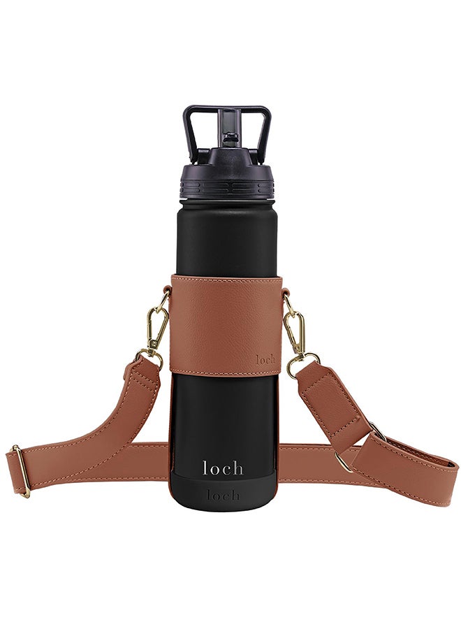 Loch Water Bottle Brown Strap - Gold Metal 650ml