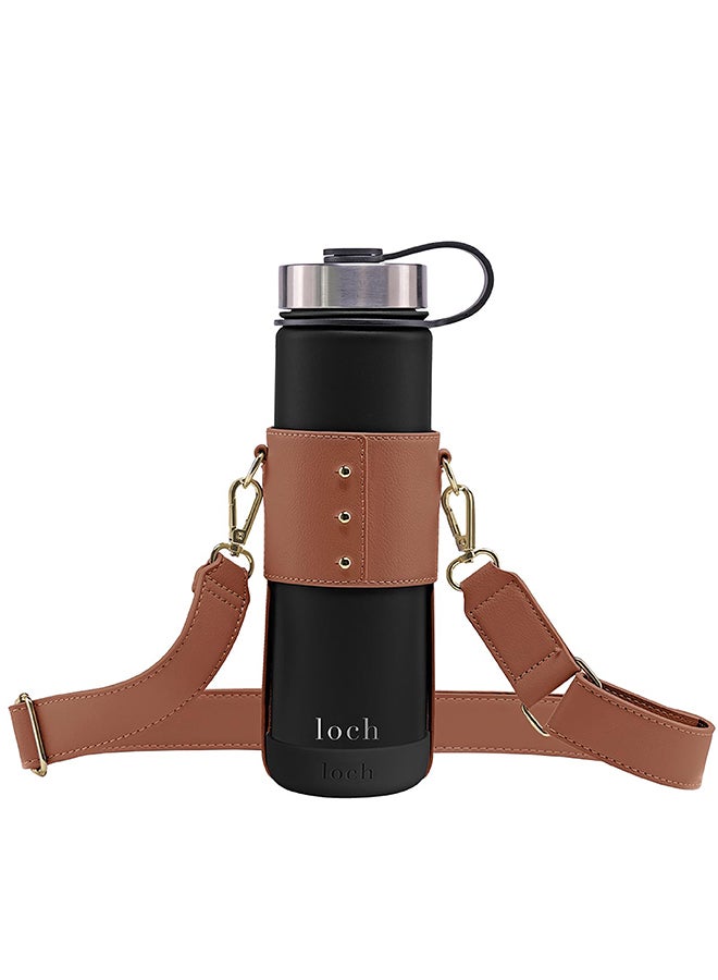 Loch Water Bottle Brown Strap - Gold Metal 650ml