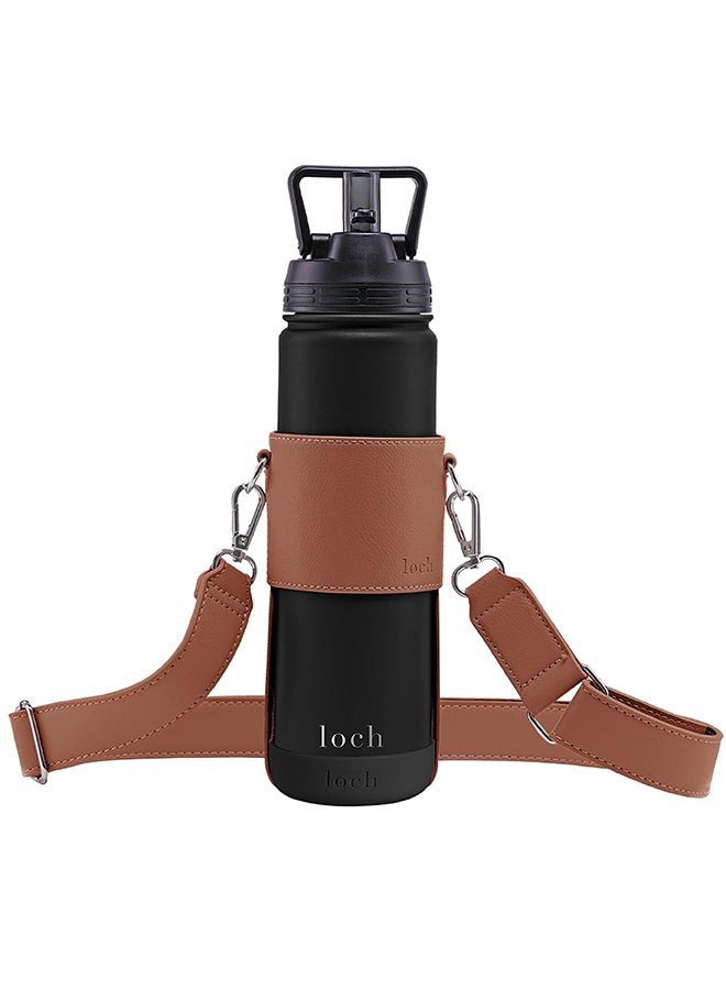 Loch Water Bottle Brown Strap - Silver Metal 650ml