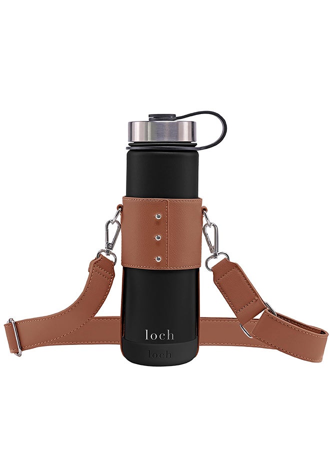 Loch Water Bottle Brown Strap - Silver Metal 650ml