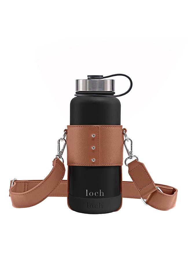 LOCH Water Bottle Brown Strap Silver Metal 900ml